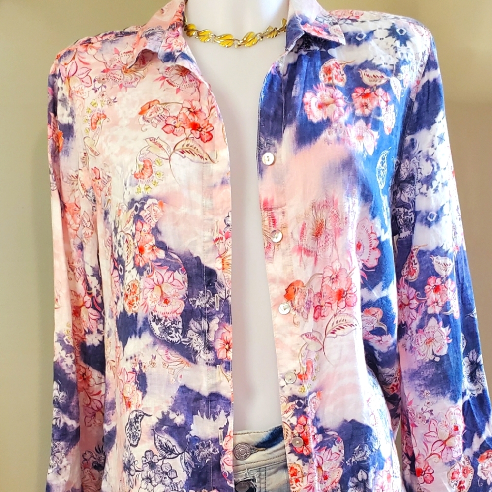 Beautiful Tianello Estee Print Linen "Loving" Blouse